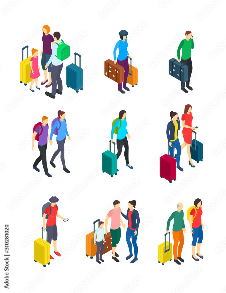 Travel People 3d Icon Set Isometric View. Vector