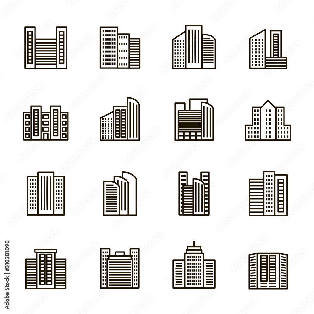 Buildings Sign Black Thin Line Icon Set. Vector Buildings Sign Black Thin Line Icon Set. Vector