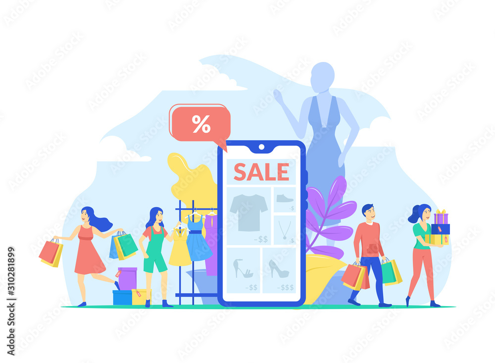 Cartoon Color Characters People and Online Shopping Concept. Vector