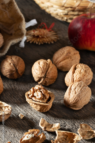 Closeup of walnuts on a wooden table