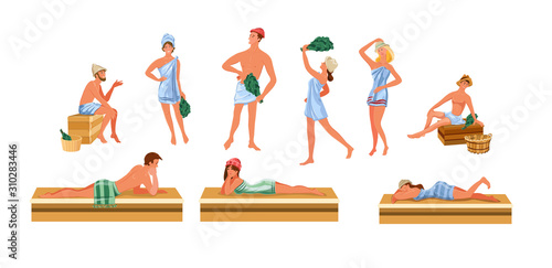 Set of women and men relaxing in bathhouse vector illustration