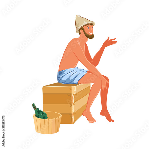 Man in towel sitting and relaxing in bathhouse vector illustration