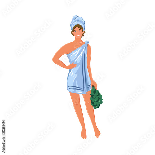 Woman in towel with broom in bathhouse vector illustration