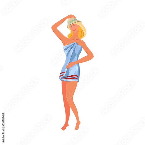 Smiling naked woman in towel standing in bathhouse vector illustration