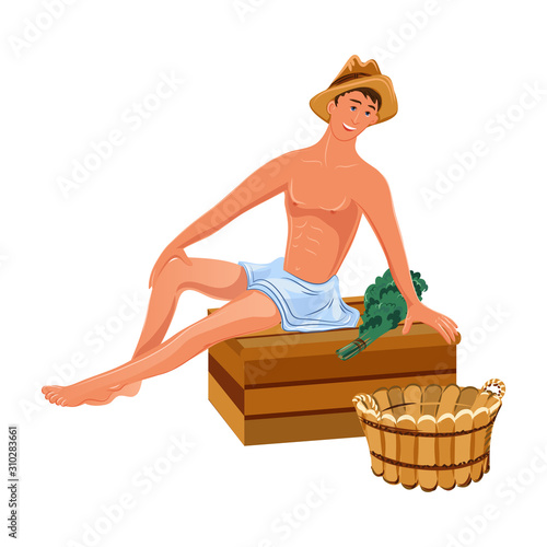 Man sitting with broom and tub in bathhouse vector illustration