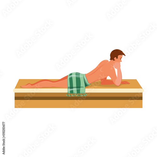 Man lying on bathshelf and relaxing in bathhouse vector illustration