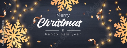 Merry Christmas greeting banner with Chrirstmas decor fir twigs and confetti, vector illustration.