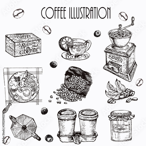 Hand drawn vector illustration set with coffee beans, cup, machine.
