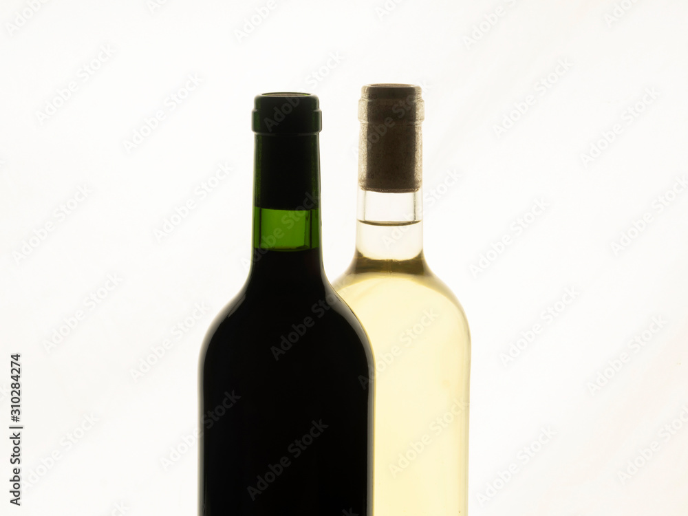 Close up of two bottles of wine unlabelled Close up of two bottles of wine unlabelled