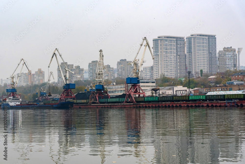 View of river port in Rostov-on-Don on cloudy autumn day