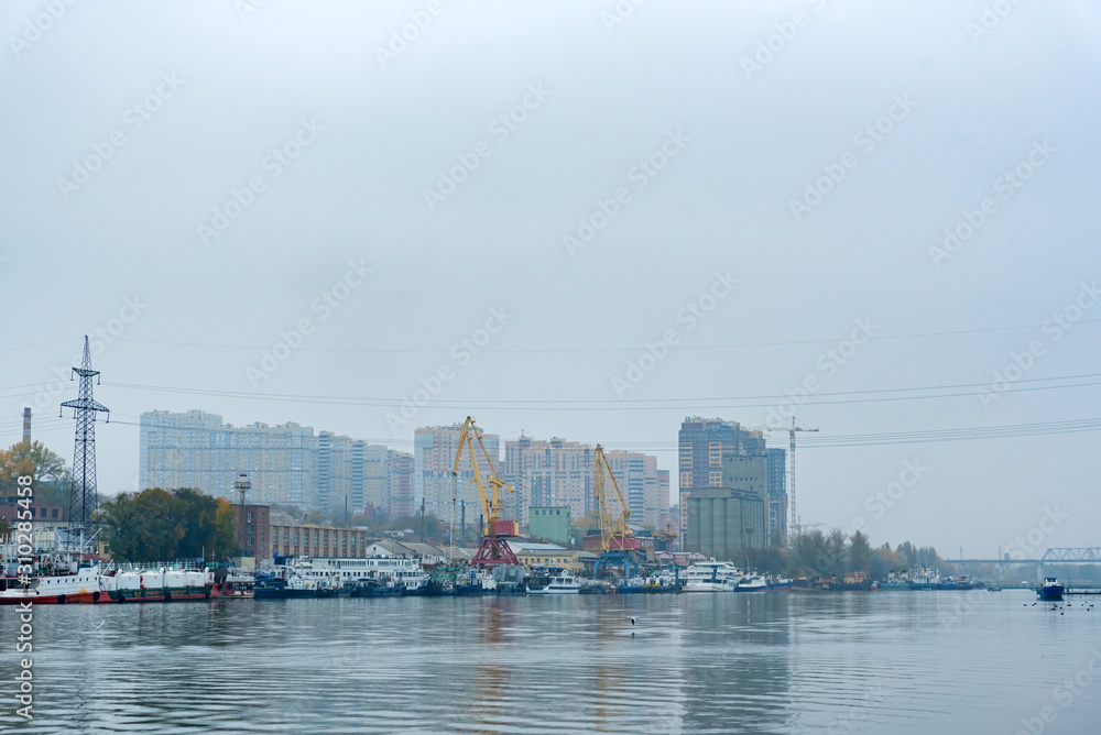 View of river port in Rostov-on-Don on cloudy autumn day