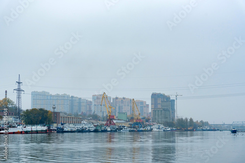 View of river port in Rostov-on-Don on cloudy autumn day