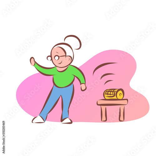 A cheerful energetic grandmother dances to the music. There is a player on the stool. Pink background. Vector cartoon illustration.