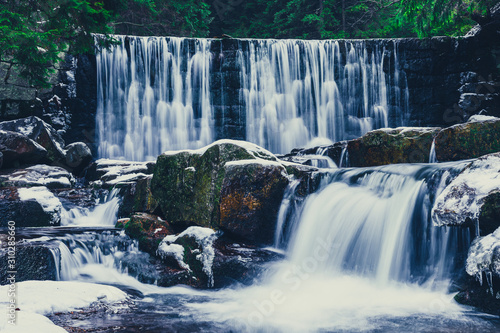Wild Waterfall with Soft Flowing Water in Lower Silesia in Poland.