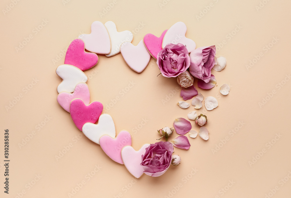 Fototapeta premium Composition with heart shaped cookies for Valentine's day on color background