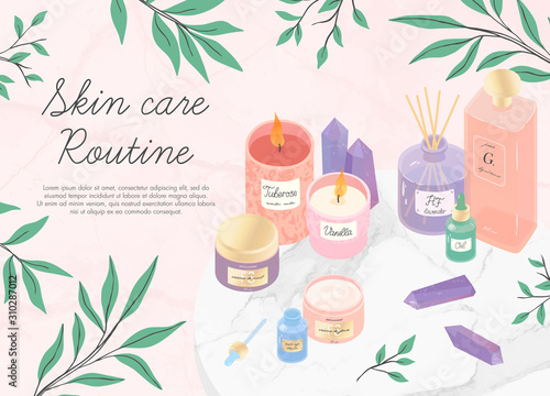 Vector set of skincare cosmetic products,creams, serum,oil,amethyst crystals,candles,diffuser,eucalyptus on a decorative marble tray.Aromatherapy,spa,wellness and selfcare concept.Beauty routine.