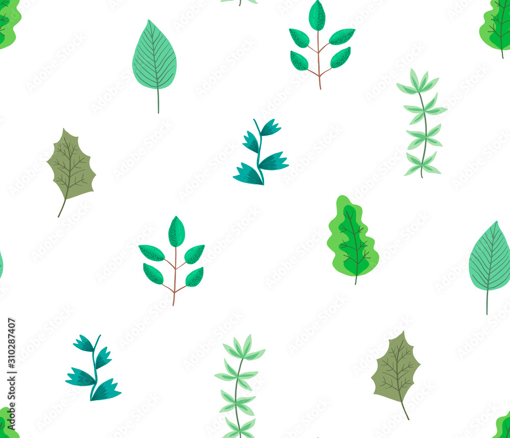 Cute botanical seamless pattern with cartoon bright green leaves and branches on white background. Lovely floral texture with herbs for textile, wrapping paper, surface, wallpaper