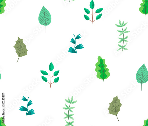 Cute botanical seamless pattern with cartoon bright green leaves and branches on white background. Lovely floral texture with herbs for textile  wrapping paper  surface  wallpaper