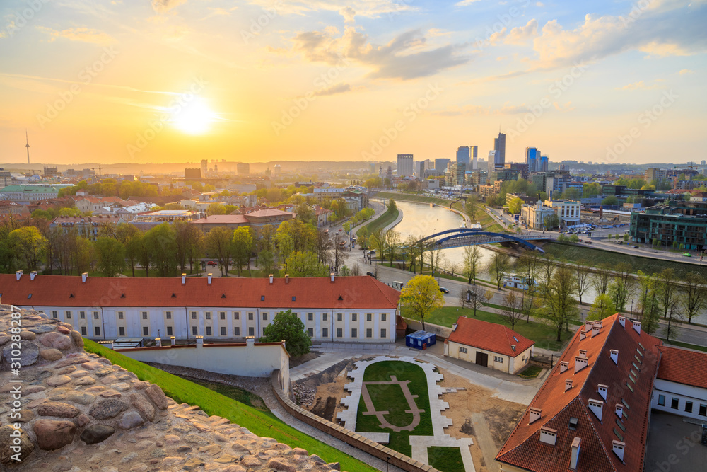 Cityscape of Vilnius, Lithuania at sunset, seen from Gediminas hill.