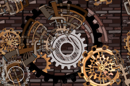 Abstract industrial colorful illustration with fictional gearwheels and details of machines featuring retro technology or steampunk concept. Hand drawn.