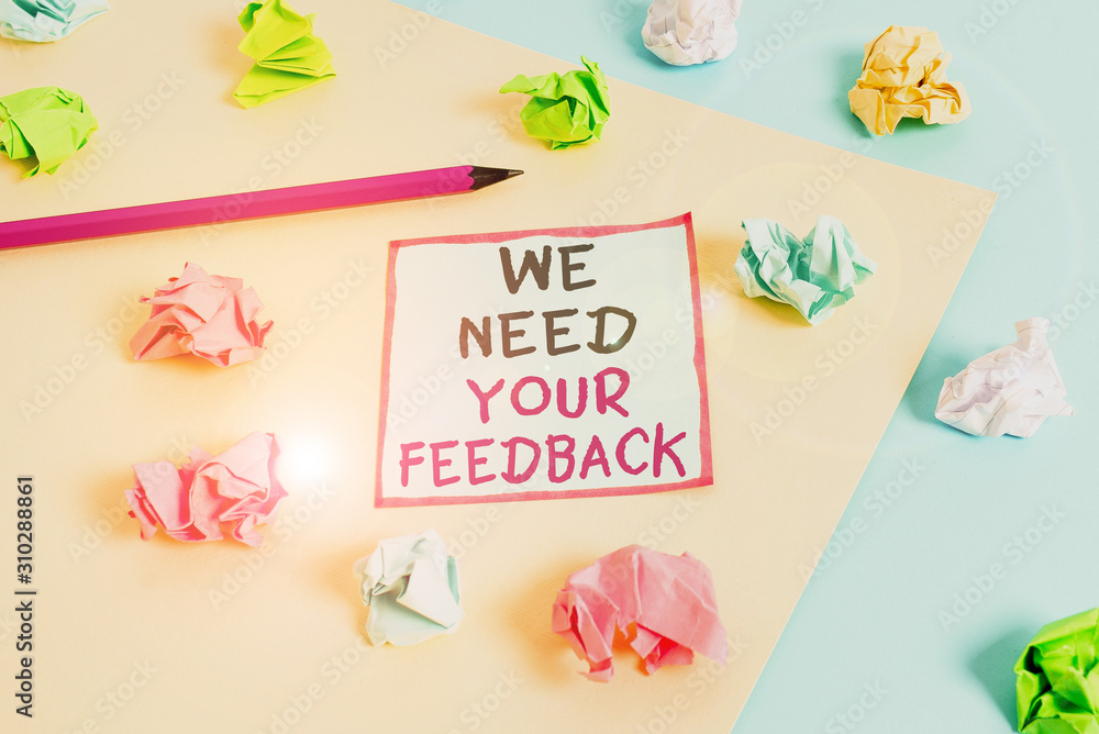 Word writing text We Need Your Feedback. Business photo showcasing Give us your review thoughts comments what to improve Colored crumpled papers empty reminder blue yellow background clothespin