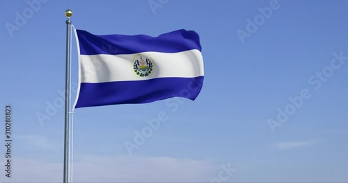 Flag of El Salvador blowing in the wind with blue sky