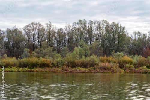 Landscape view of bank of calm river Don in Russia in autumn