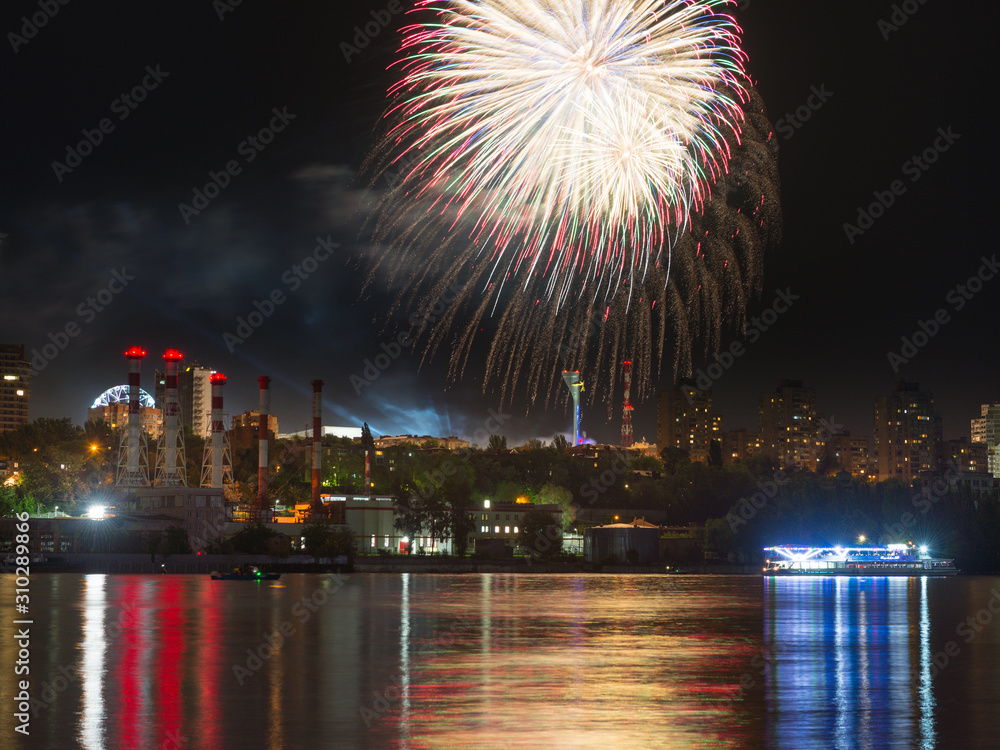 Fireworks in Rostov on Don Panorama of Don river, Russia