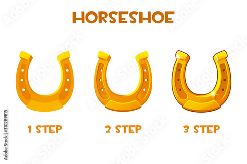 Steps of drawing a golden horseshoe on a white background.