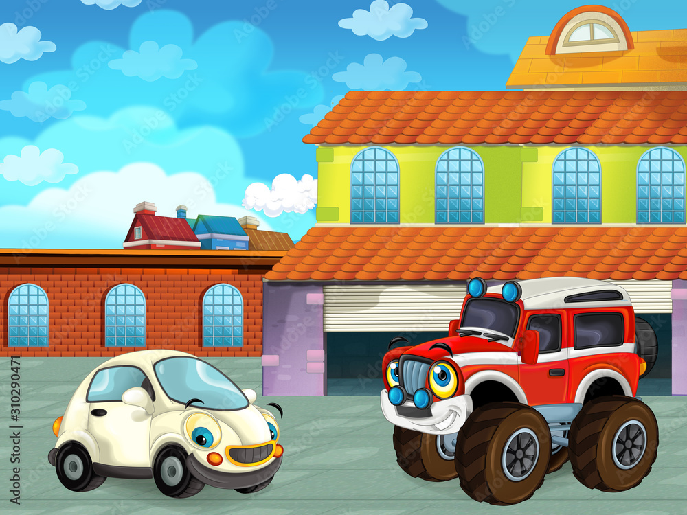 Fototapeta premium cartoon scene with car vehicle on the road near the garage or repair station - illustration for children