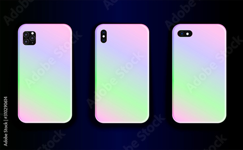 Collection of vector mock up smartphones. Stylish design of smartphone cases  stylish trend  gradient print. Smartphone case vector template - a beautiful accessory for a gadget.