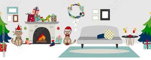 Christmas, new year and winter holiday border seamless pattern, banner background, living room with fireplace, divan, Christmas tree gift boxes and cute cats seamless pattern vector design