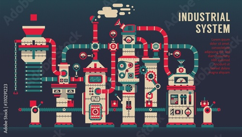 Conveyor machine inside factory. Industrial machinery concept. Vector illustration.