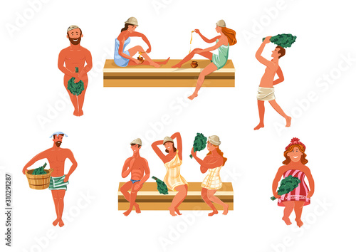 Set of people bathing in sauna with birch twigs. Vector illustration in flat cartoon style.