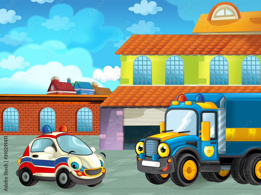 cartoon scene with car vehicle on the road near the garage or repair station - illustration for children