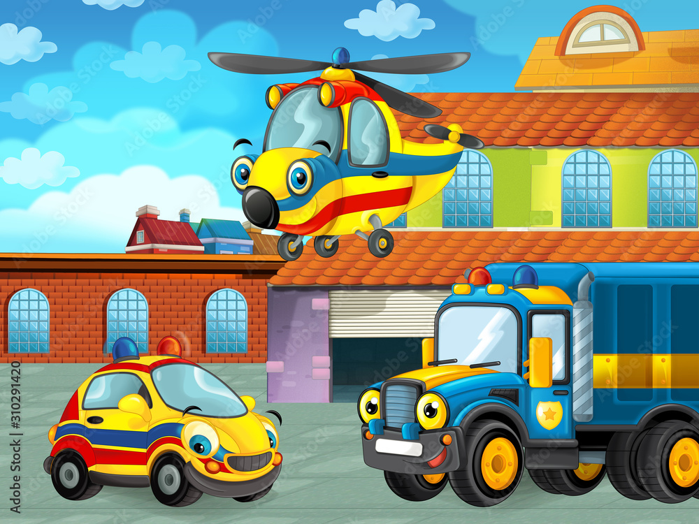 Naklejka premium cartoon scene with car vehicle on the road near the garage or repair station with helicopter - illustration for children