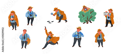 Set of classic retro detective man character in hat search for criminal in different situations. Vector illustration in flat cartoon style.