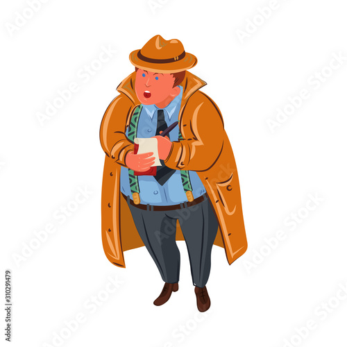 The classic fat detective with a notebook asking questions. Vector colorful illustration in cartoon style. © greenpicstudio