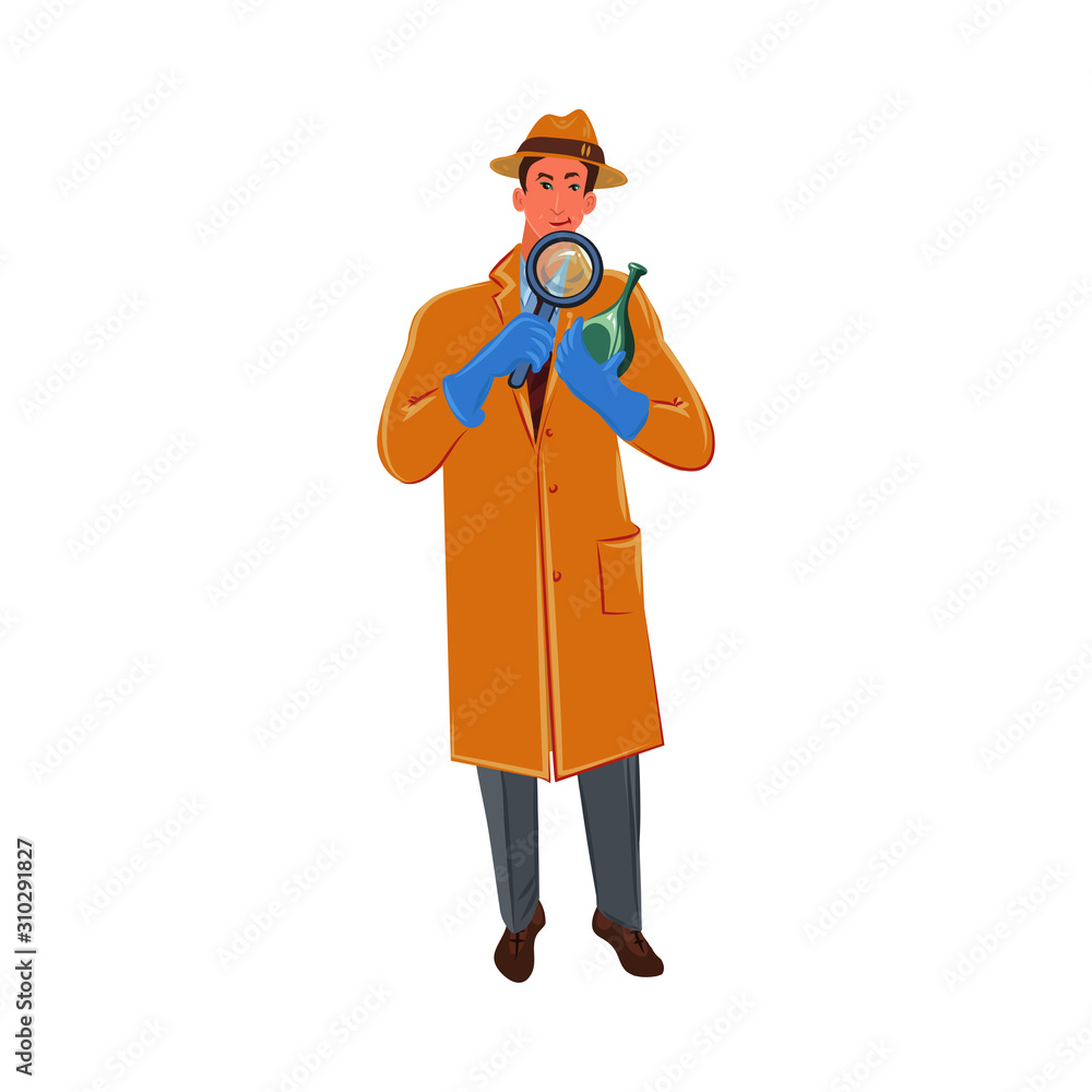 The classic detective with a magnifying glass examines a clue bottle. Vector colorful illustration in cartoon style. The classic detective with a magnifying glass examines a clue bottle. Vector colorful illustration in cartoon style.