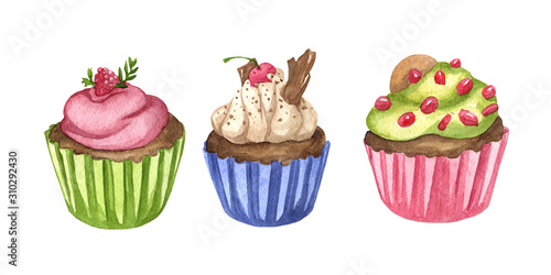 Watercolor cupcakes set isolated on white background. Sweet food hand drawn illustration. Design food elements. 