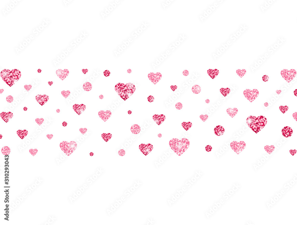 Glitter heart confetti border. Bright pink confetti on transparent background. Valentines Day banner for greeting cards, wedding invitation, gift packages. Vector illustration