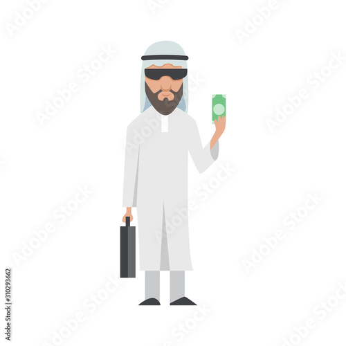 Successful Arab man in white clothes. Vector cartoon smiling Islamic businessman dressed in traditional clothes. Elegant businessman. Vector man with dolar and black bag