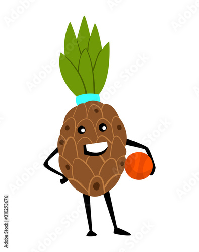 Sport pineapple character playing basketball. Funny fruit food on sport exercises, fitness vitaminic human healthy nutrition vector illustration