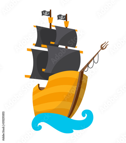 Wooden pirate buccaneer filibuster corsair sea dog ship icon game, isolated flat design. Color cartoon frigate. Vector illustration