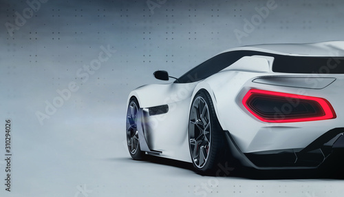 White futuristic sports car rear view (3D illustration) 