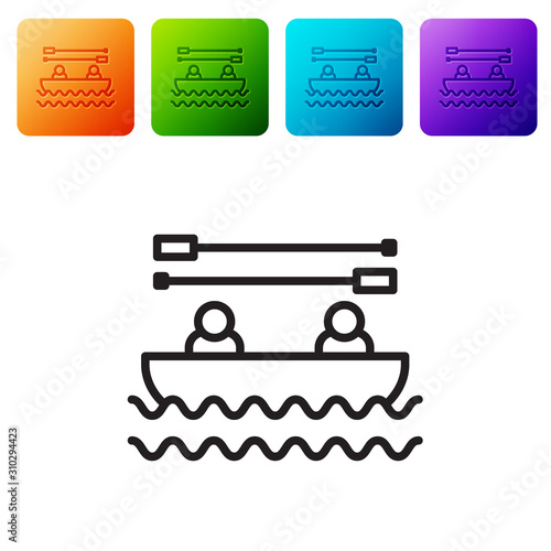 Black line Boat with oars and people icon isolated on white background. Water sports, extreme sports, holiday, vacation, team building. Set icons in color square buttons. Vector Illustration