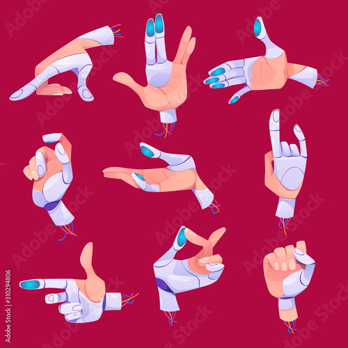 Robot hand gestures in different positions set. human palm with bionic prosthetic gesturing, show direction, pointing fingers and thumb, cyborg arm, artificial intelligence Cartoon vector illustration