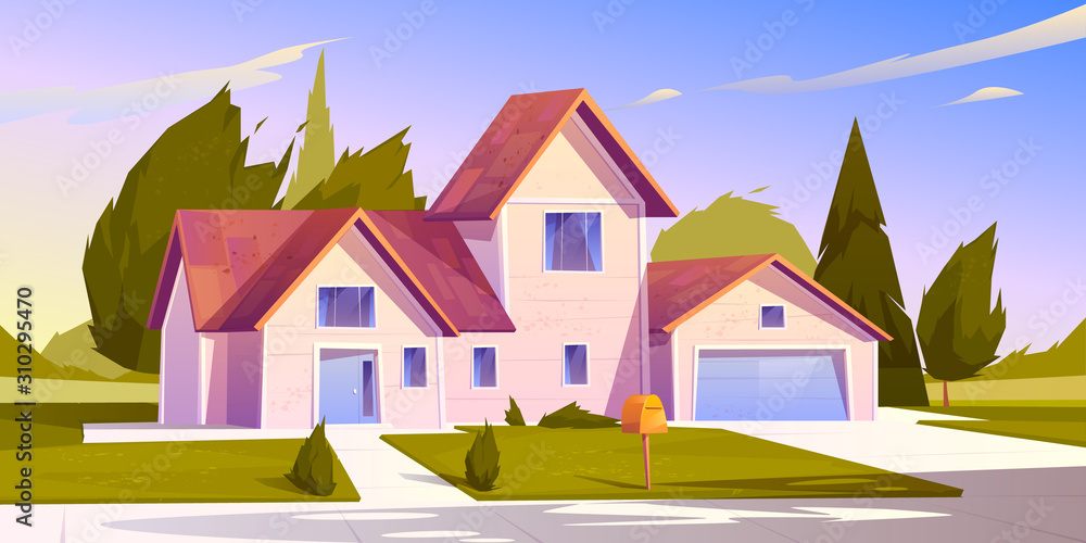 Suburban house, residential cottage, real estate countryside building exterior. Two storey dwelling place with garage. Home facade with garden and green lawn in front yard. Cartoon vector illustration