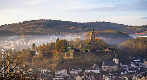 Landscape view of the old town district with the Wilhelmsturm on top of the mounatain