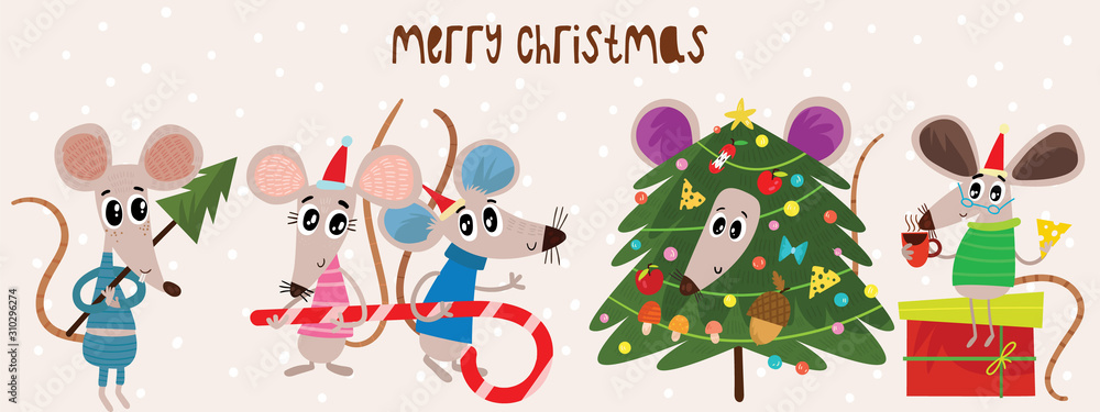 Christmas cartoon mouses collection. Winter hand drawn set of cute symbol of 2020 year. New Year mice and decorations. Christmas cartoon mouses collection. Winter hand drawn set of cute symbol of 2020 year. New Year mice and decorations.